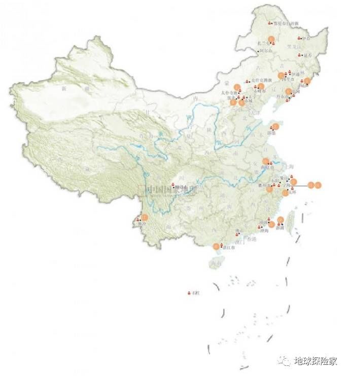 中国火山岩柱状节理地理分布图(中国国家地理,2009