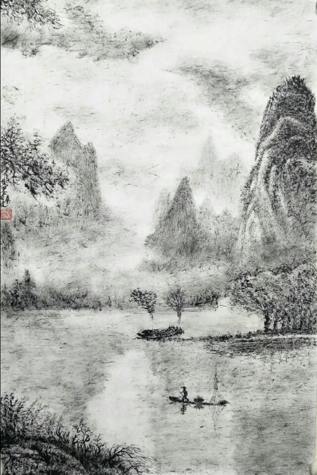 苍润焦墨山水画,苍松古韵,大美仙境,古建筑与城市风景画等,还有竖幅