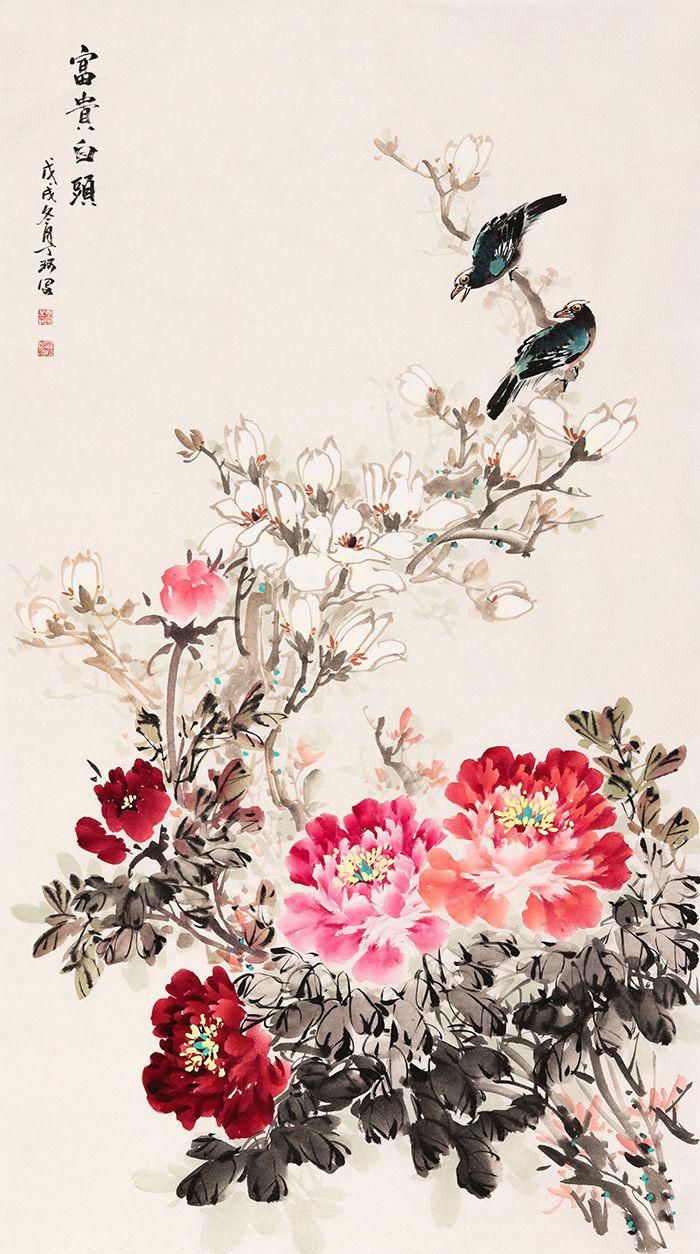 丁珂老师四尺竖幅写意牡丹作品《富贵白头》