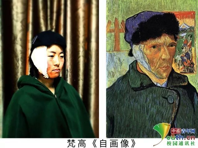 图为学生模仿梵高的《自画像》拍照.