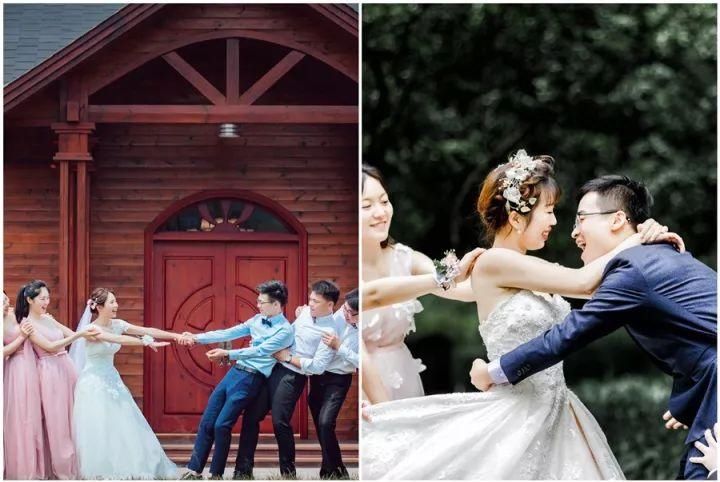 "拆散捣乱"式pose法 还可以让伴郎伴娘拉开亲热中的新郎新娘,画面