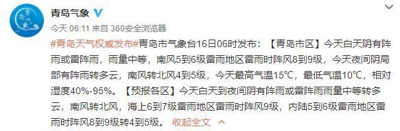  『预计』今年青岛第一声雷要来了！雷雨预计从11点开始17时结束 阵风9级！