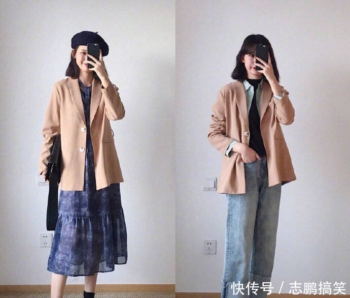 『小西』小个子春季日常穿搭怎么穿?卡其色小西装配蓝色牛仔裤,清新显瘦
