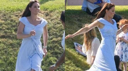 凯特王妃再穿平价连衣裙,草地奔跑很活泼,胸前扣子成负担