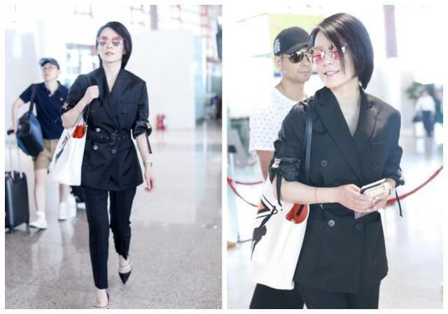 俞飞鸿来机场,又是一身黑的打扮,和同龄的杨钰莹真是两类人!