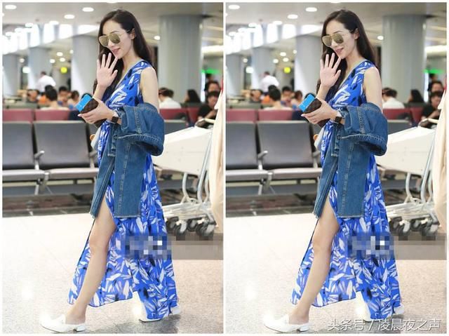 韩雪穿蓝色开叉印花长裙亮相机场，国色天香像公主，惊艳全场