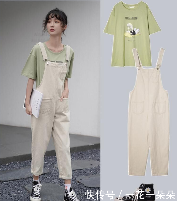  「搭配上」背带裤这样的穿搭超有范儿，青春减龄随性又休闲，妥妥的学生妹哦