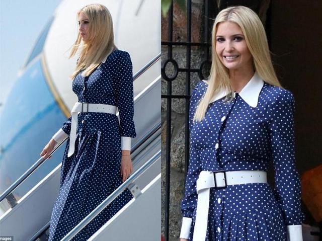 37岁伊万卡穿价值1万6蓝色波点裙竟如此少女，真看不出生过三个娃