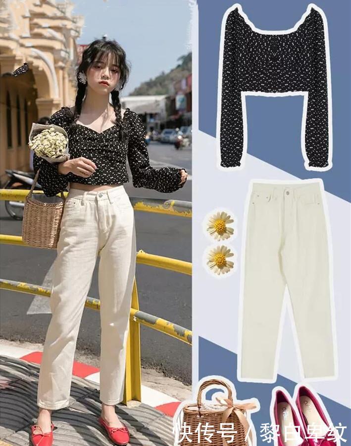  「完美」碎花露脐小衫与牛仔裤巧搭配，经典时尚显高挑，秀出完美好身材哦