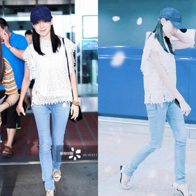 董洁简单穿搭走机场，穿紧身裤80斤却有70斤的效果，麻杆腿吸睛!