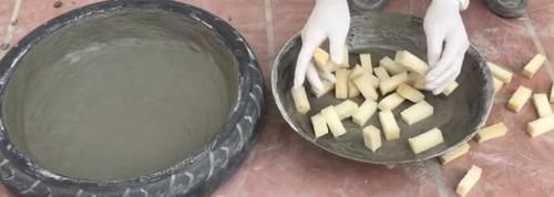  邻居@找来4个废旧小轮胎，用水泥砂浆浇个小花园，楼上邻居叫我再做个