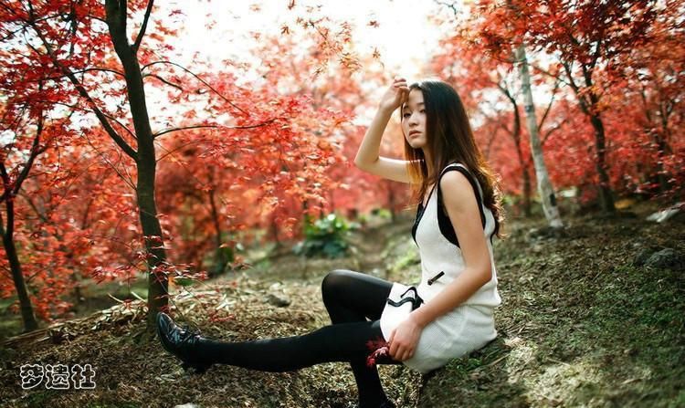 枫叶下的气质美女黑丝美腿飘逸长发