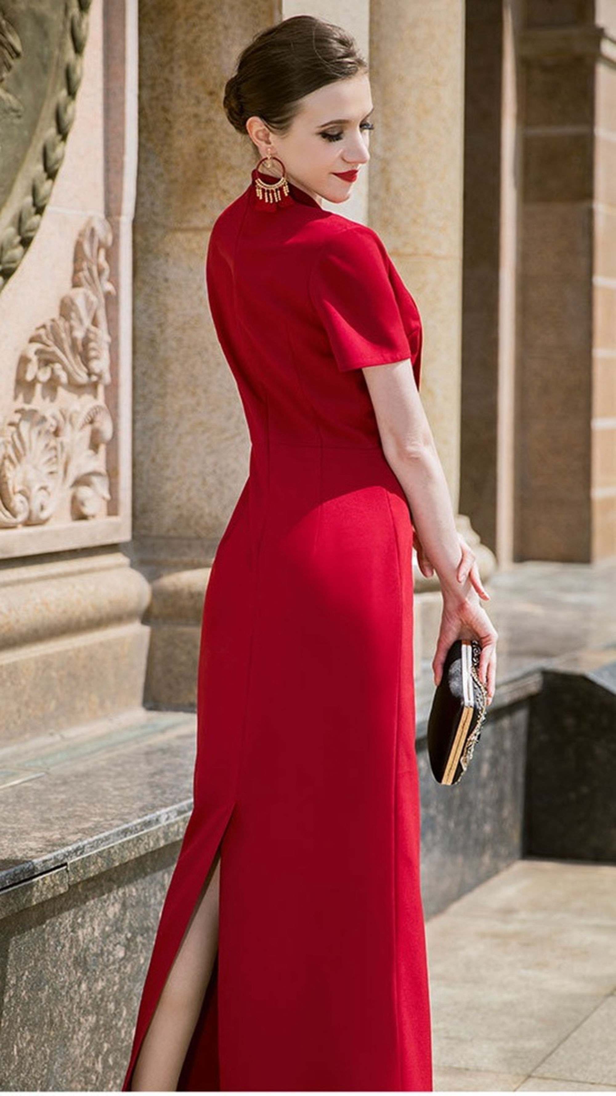 夏新款翻V领开叉连衣裙，收腰显瘦长款包臀一步裙，显得知性优美