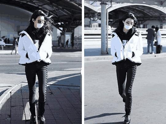 奚梦瑶摔倒后机场戴口罩, 滑肩穿衣秀长腿, 网友: 终于穿裤了!