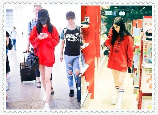 当159鞠婧祎和166杨幂同穿红色卫衣，这差距原谅我不厚道的笑了！