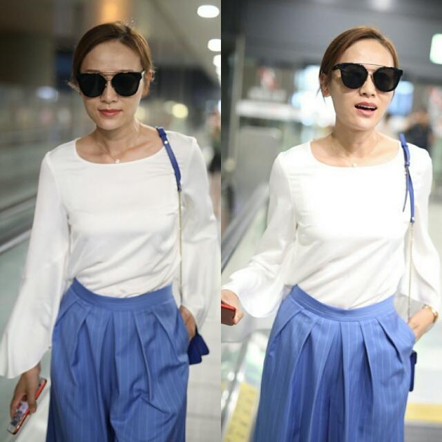 叶一茜机场终于换风格了,穿百褶阔腿裤气场开挂,早该这样穿了!