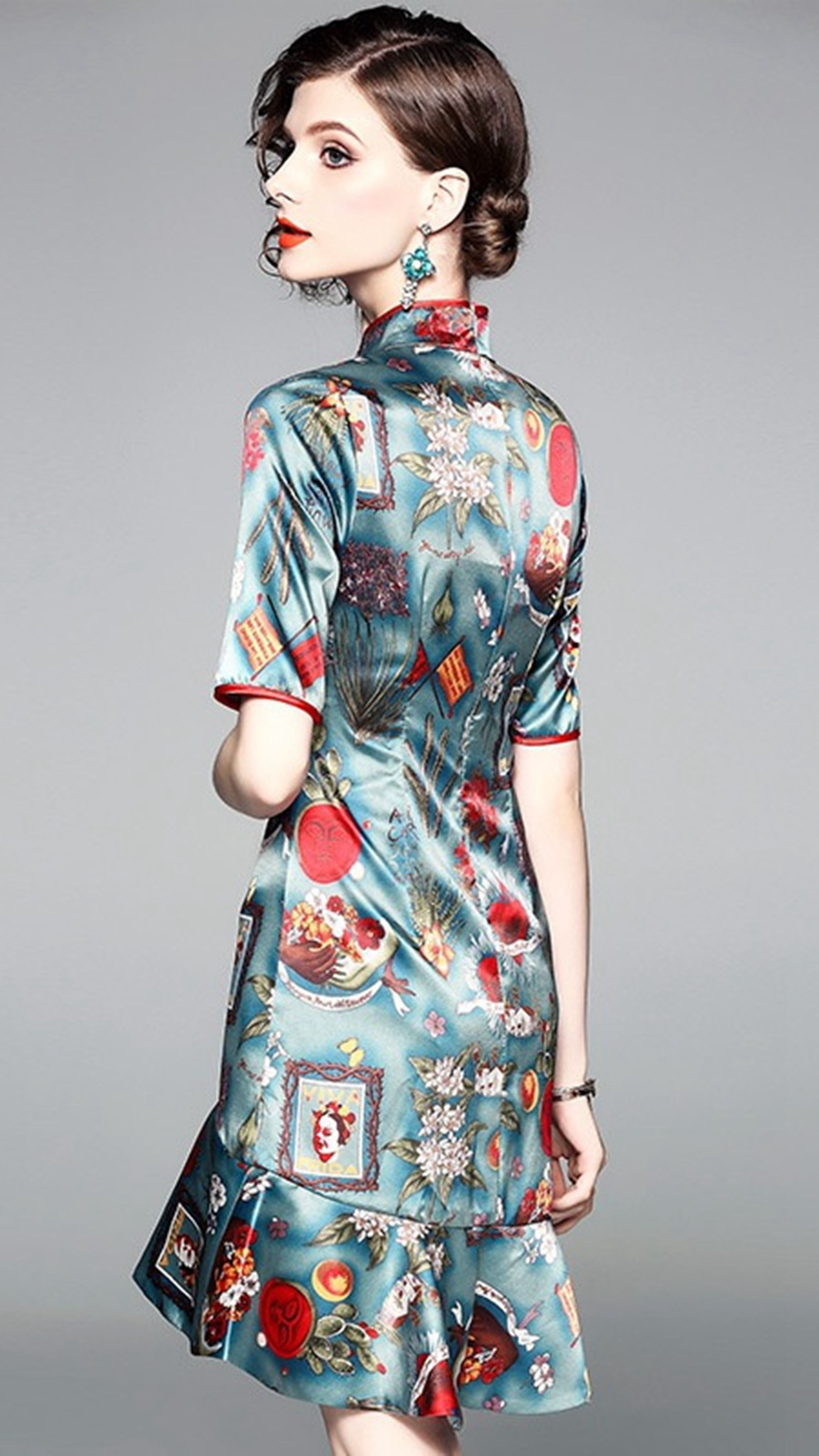 夏季新款改良旗袍连衣裙，荷叶边裙摆，修身显瘦，气质淑女