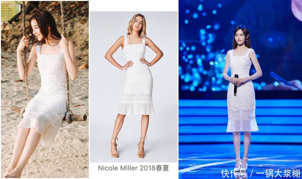 当94斤热巴撞衫86斤唐嫣，同穿白色连衣裙，丰满比干瘦美多了