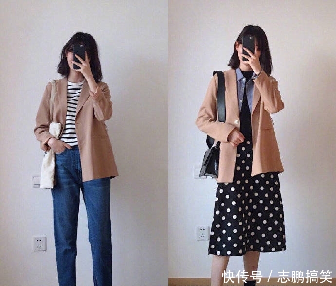 『小西』小个子春季日常穿搭怎么穿?卡其色小西装配蓝色牛仔裤,清新显瘦