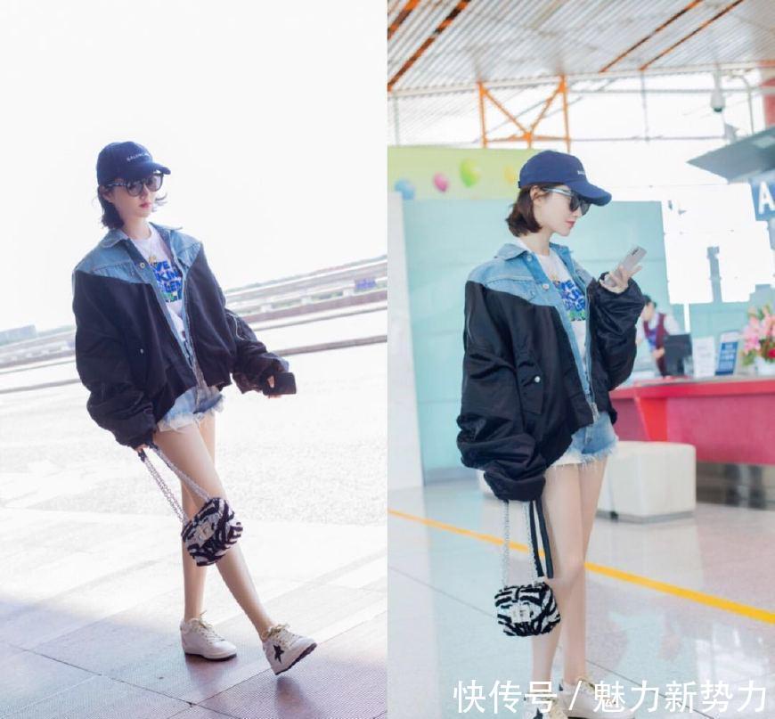 景甜最新机场秀，牛仔拼接夹克衫配超短裤，为秀美腿也是拼了