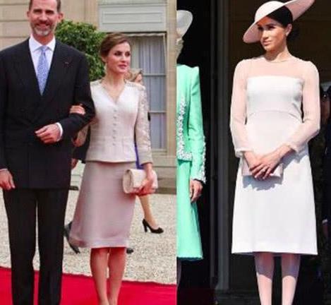 当梅根遇上西班牙王后：同款撞衫，一个缩手缩脚一个大气端庄！
