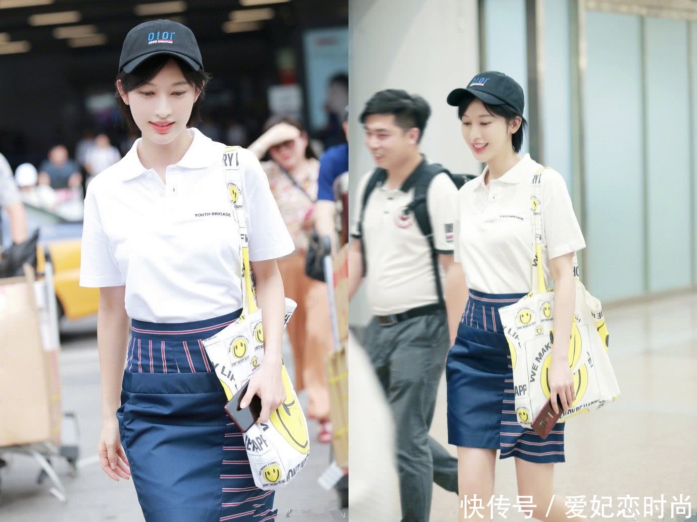 张俪白T配皮裙，暴露一双惊艳美腿，袜子露出鞋子一样很潮流！