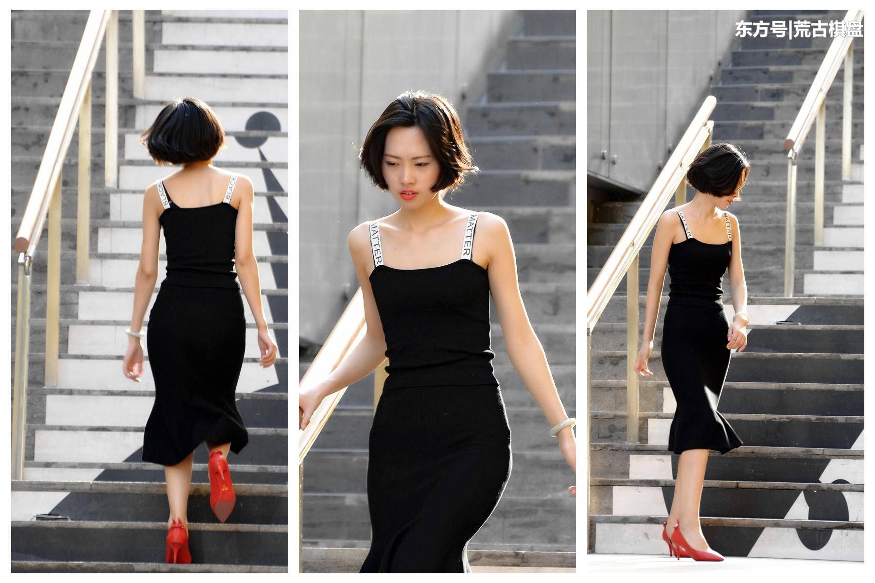 黑色吊带长裙姑娘穿着尖头细高跟在台阶上走上走下，忙碌着什么?