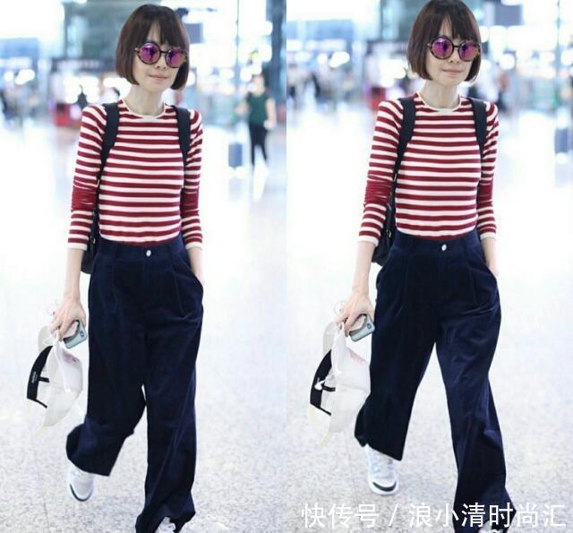 鲁豫机场终于穿对，条纹衫配阔腿裤太有高级感，真的快50岁了？