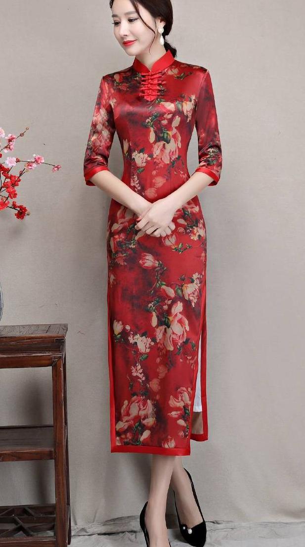 长款高开叉旗袍裙，穿出婀娜多姿好身材