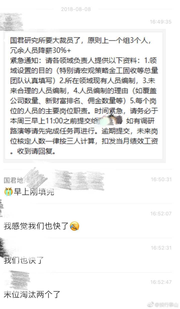 国泰君安黄燕铭:裁员降薪属造谣胡扯 保留追责权利