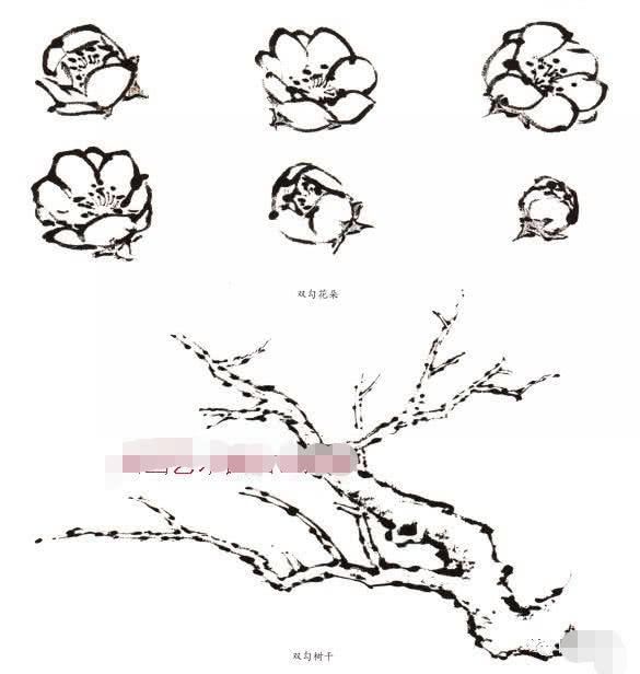 写意梅花画法示范教程，梅花的树干和根部画法，画梅花的构图形式