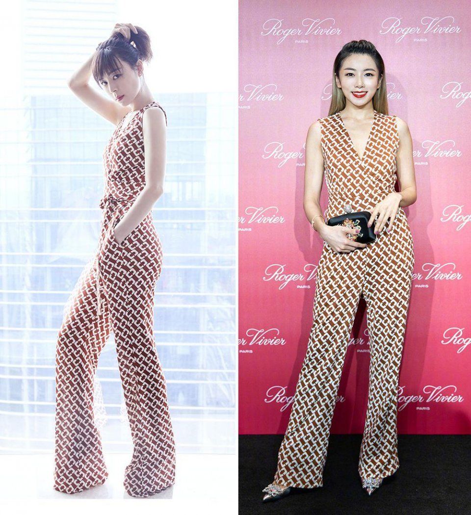 程晓玥撞衫张静初不输气质和身材，唯独输在头上!网友:该染发了