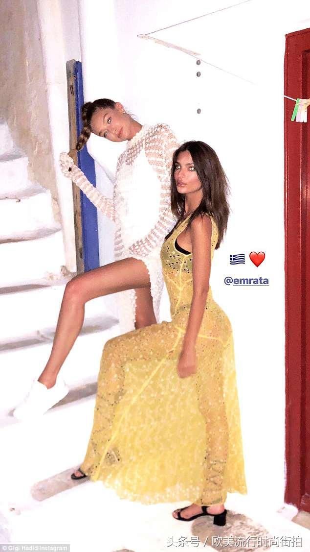 吉吉哈迪德穿着精致的钩针编织连衣裙在米克诺斯参加聚会