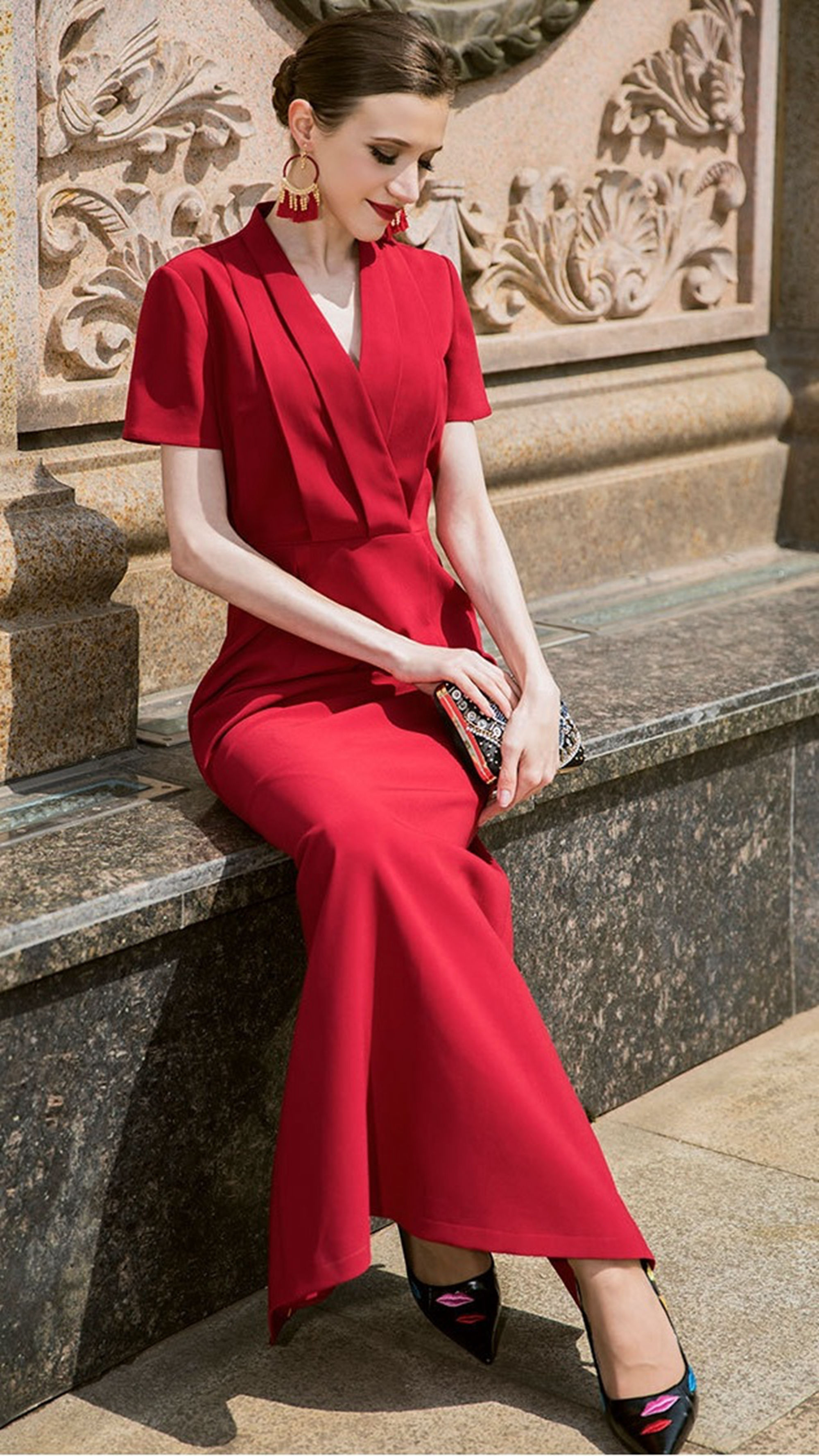 夏新款翻V领开叉连衣裙，收腰显瘦长款包臀一步裙，显得知性优美