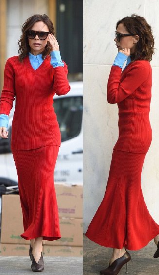 贝克汉姆爱妻维多利亚现身纽约，疑似真空穿身大红毛衣裙实在惊艳