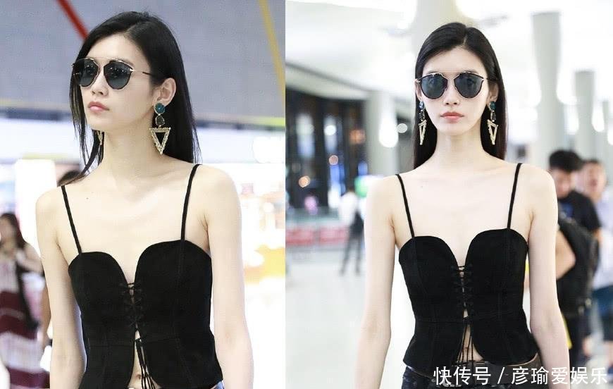 奚梦瑶上身只顶两块布出门，把机场当做了T台，网友：胆子太大了