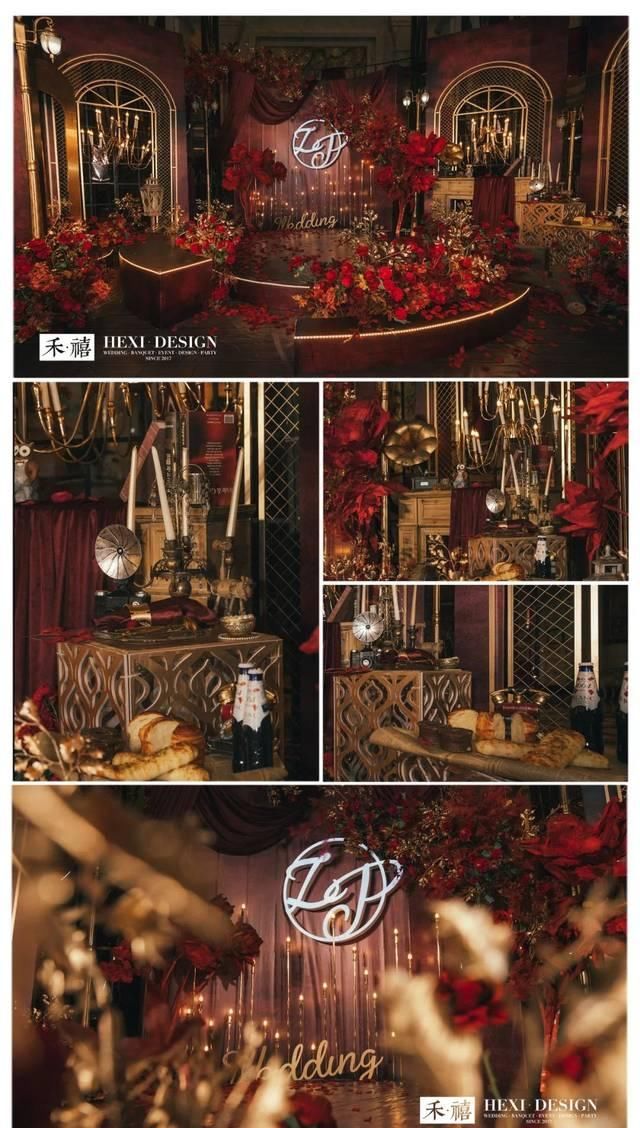  【复古】一场暗酒红与复古时尚金配搭的欧式婚礼