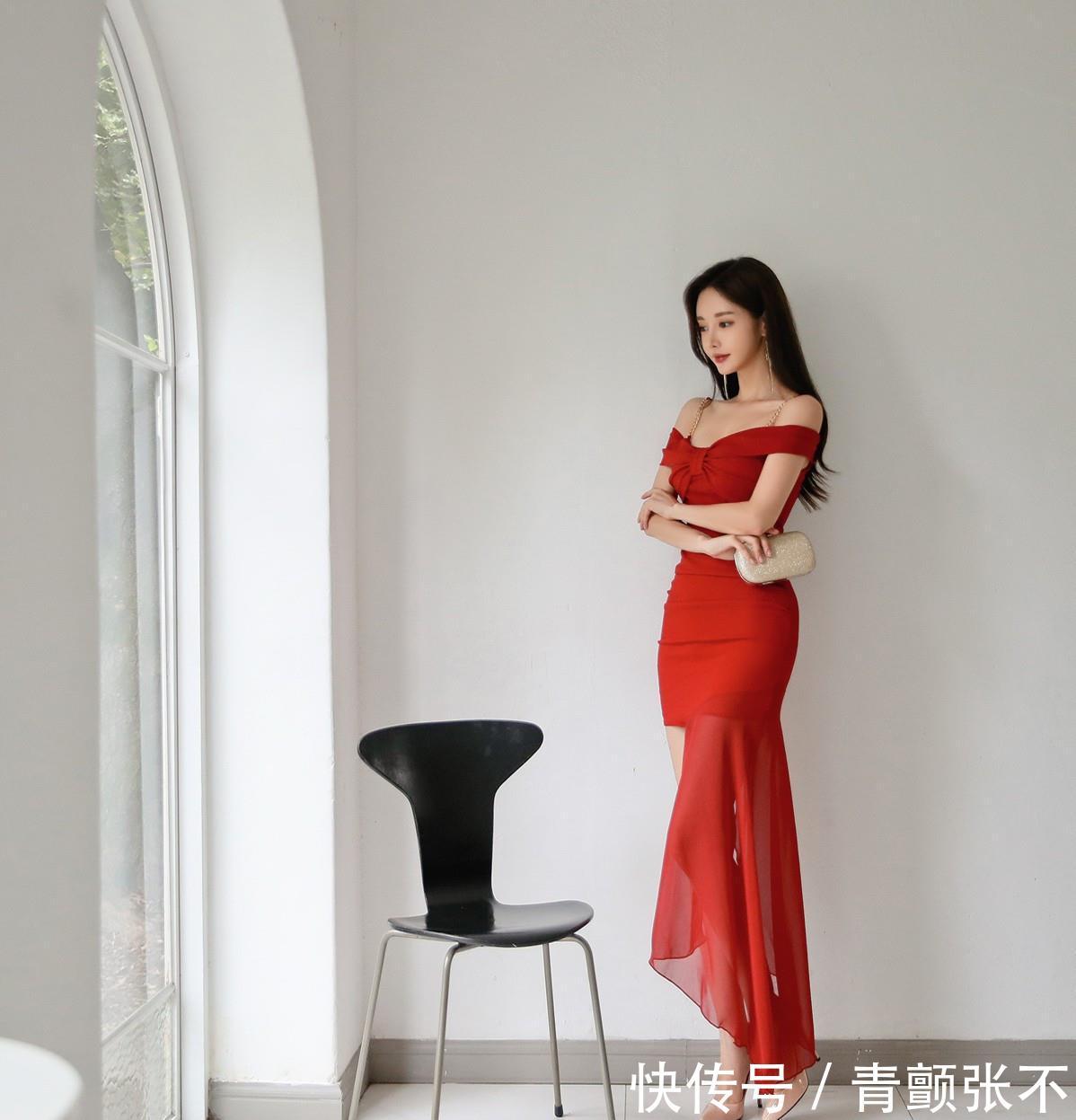  红色：孙允珠-瑰丽浪漫殷红吊肩礼裙鉴赏