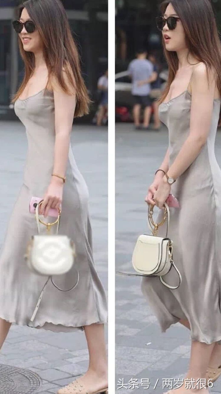 性感街拍丨银色薄纱裙，好身材皮肤白