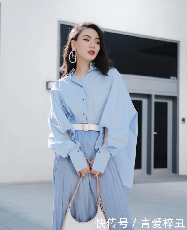 『显瘦』别总是穿白衬衫了,初夏显白显瘦蓝色衬衫搭配,五一穿出清新范