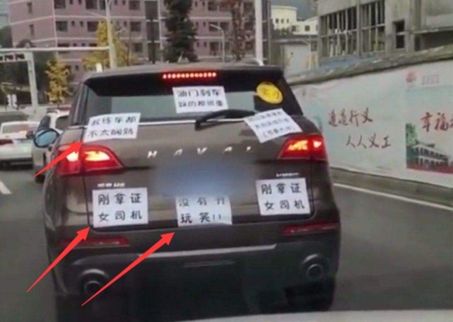  「开车的时」新手女司机开车上路，车尾的字成亮点，老司机看了都不敢靠近