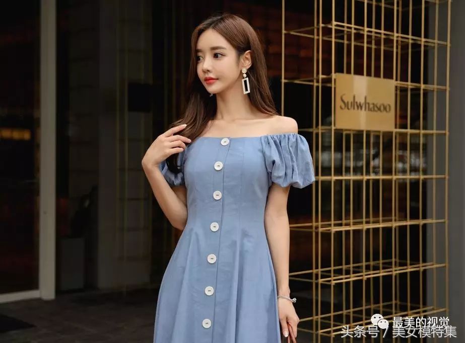 浪漫情人孙允珠，清新一字肩女神装连衣裙