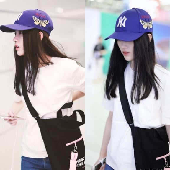 鞠婧祎机场终于穿长裤了, 简单白T牛仔裤, 78斤“秒变”88斤