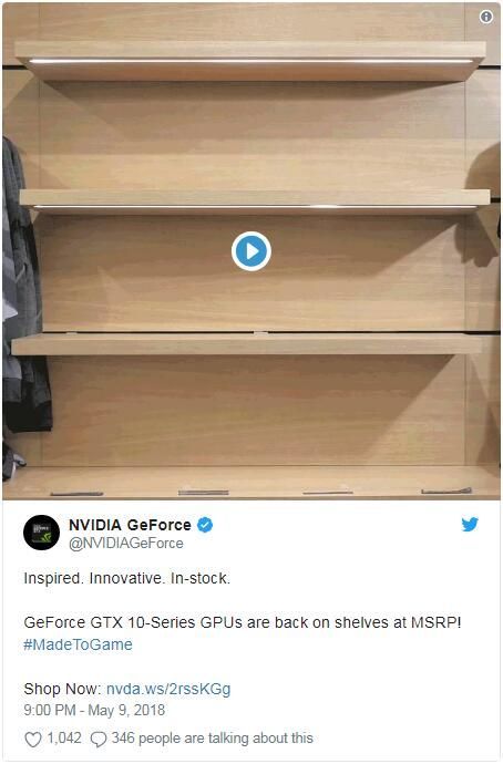 Nvidia宣布10系显卡已回落至原始零售价 库存