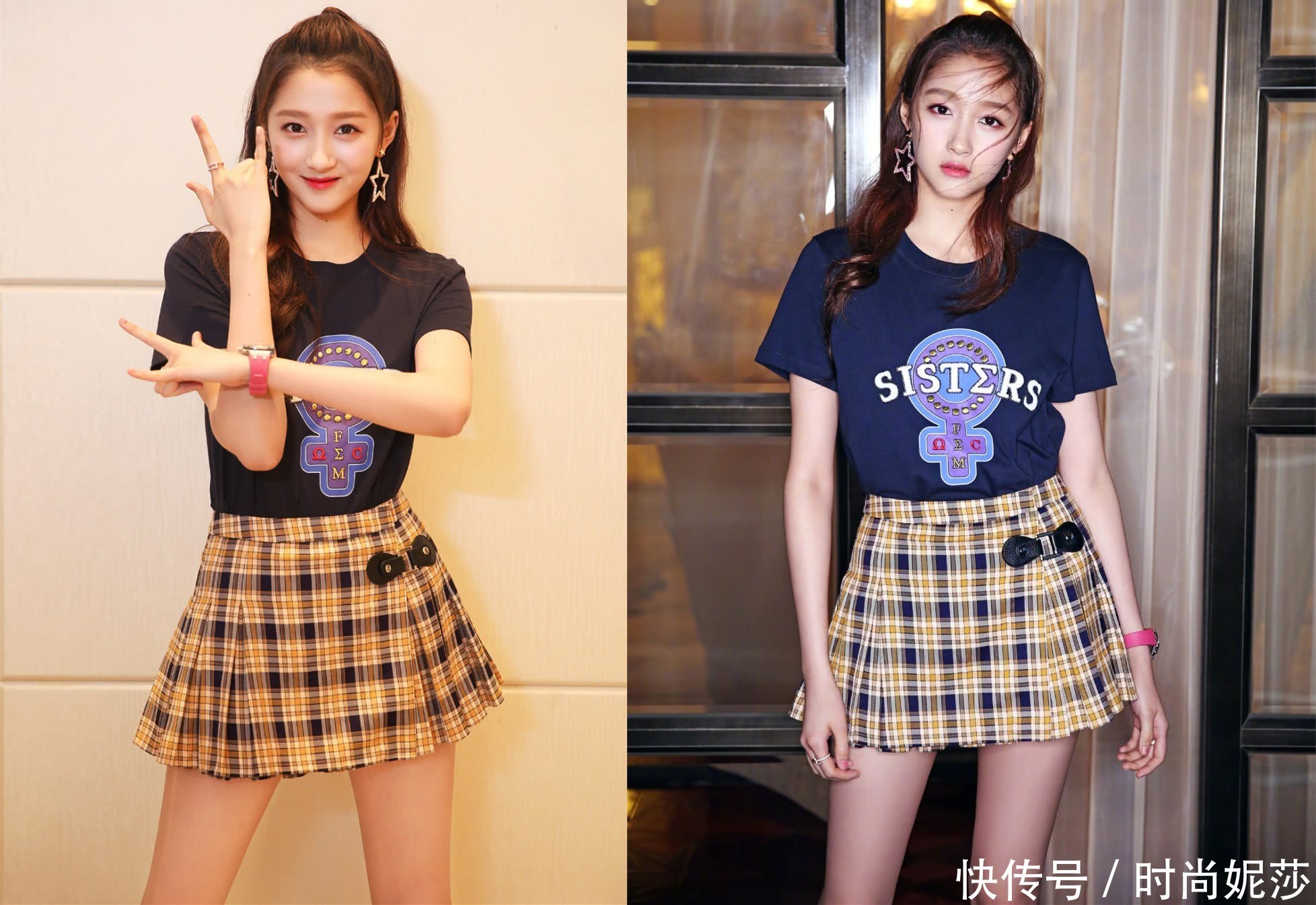21岁关晓彤穿格子短裙现身，大长腿藏不住，172的身高没白长
