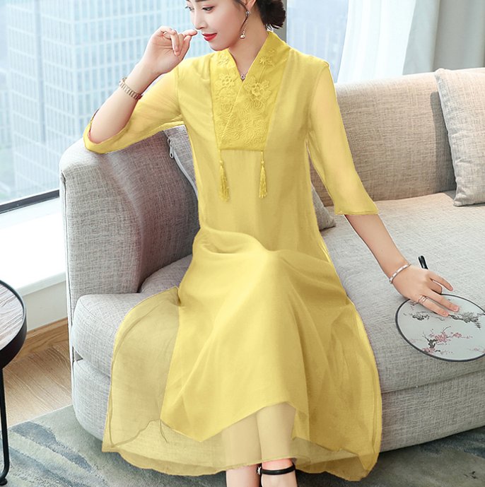 比旗袍还高级的中国风欧根纱连衣裙，优雅唯美，适合微胖70女人
