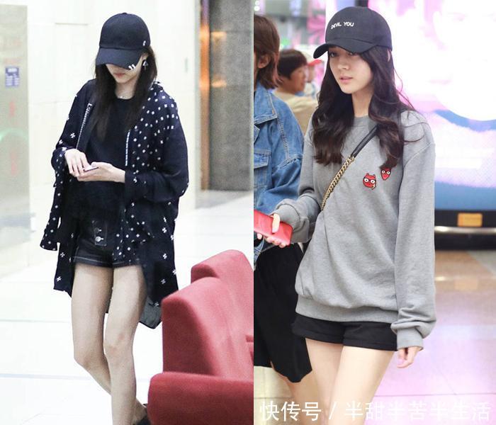 1.73关晓彤和1.68迪丽热巴短裤装，明显看出腿长和腿细的优势