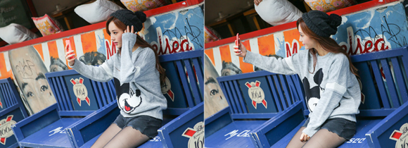 女神孙允珠，浅灰色米奇图案长袖T