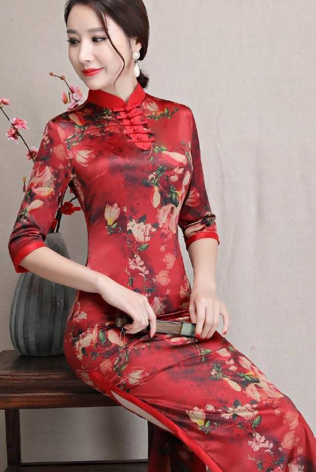 长款高开叉旗袍裙，穿出婀娜多姿好身材