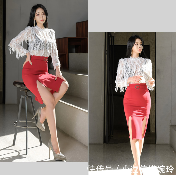 『膝裙』美人图鉴郑有贞:雪白絮茸点缀微透长袖雪纺衫,搭配红色及膝裙